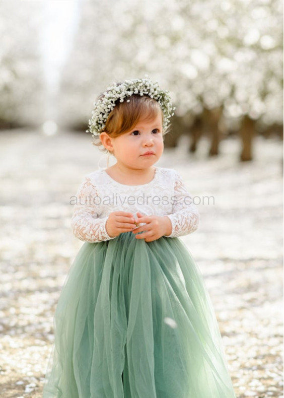 Ivory Lace Sage Green Tulle Floor Length Flower Girl Dress